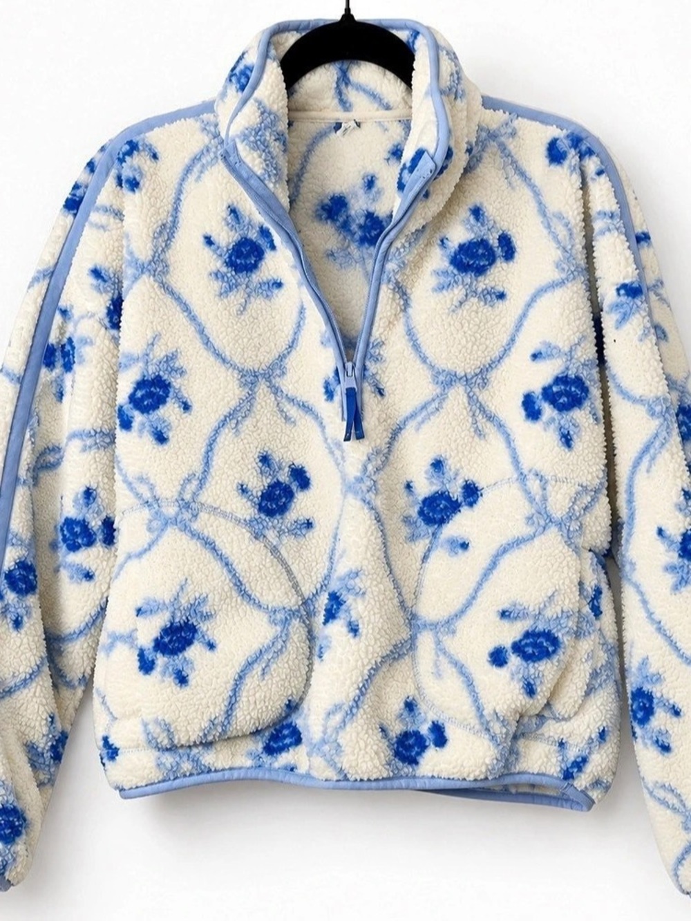 Old Navy Women’s Sherpa Fleece Pullover Size M Blue White Floral Quarter Zip Coz